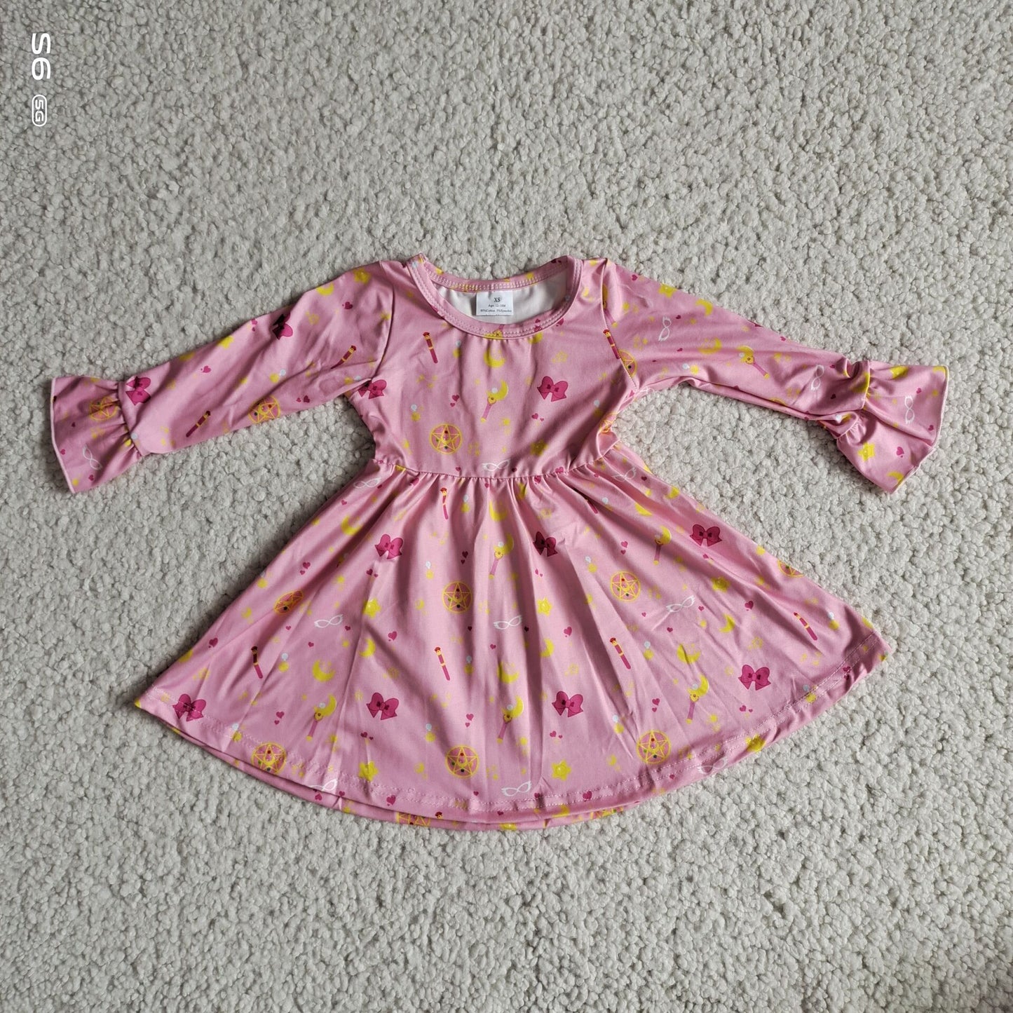 RTS NO MOQ SALES  G3-12-/4 Pink long-sleeved dress with bow, stars and moon