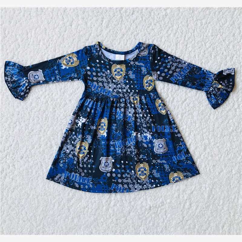 RTS NO MOQ SALES  G3-8-1'' POLLCE blue spotted long-sleeved dress