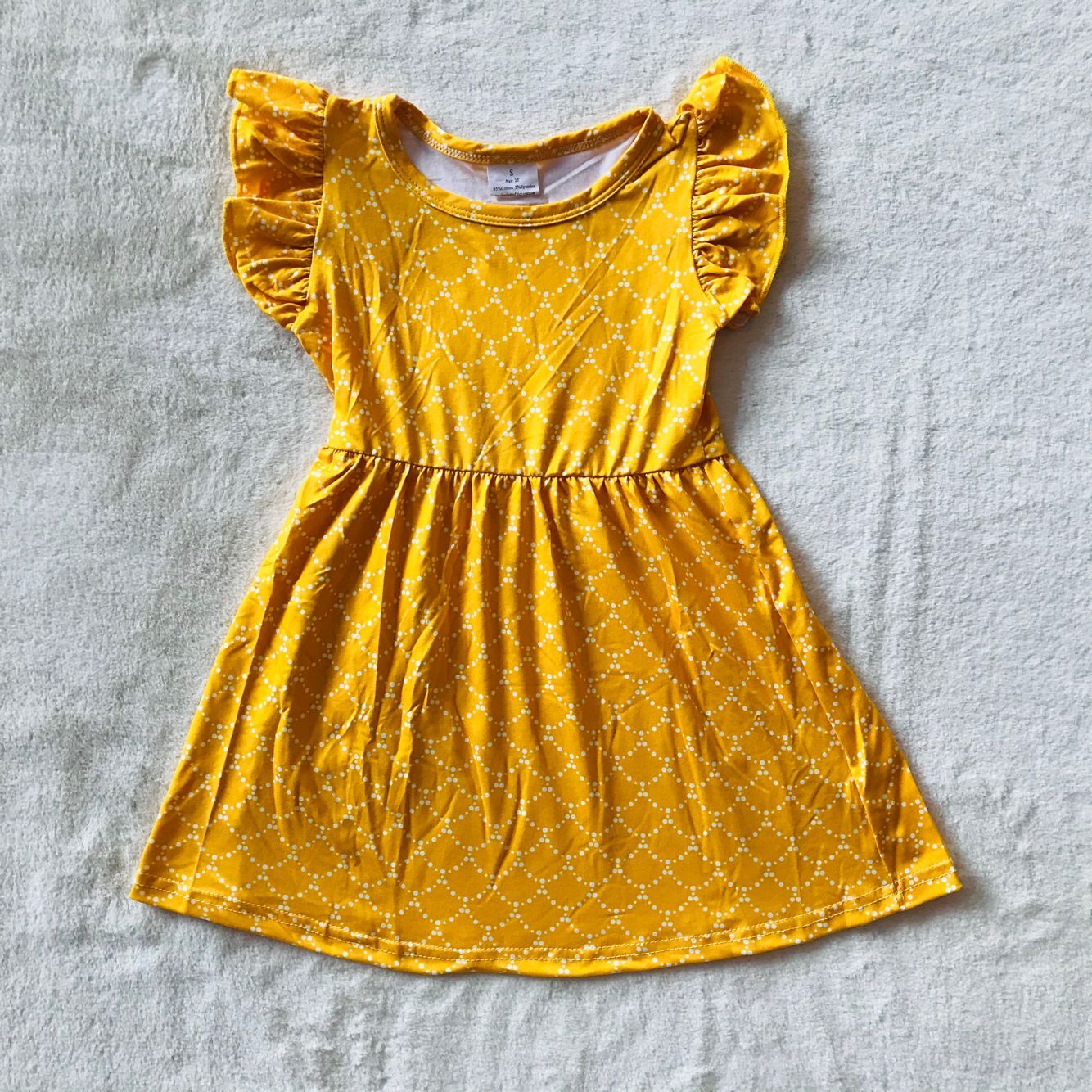 RTS SALES NO MOQ G3-19-8'. Yellow fish scale flying sleeves dress