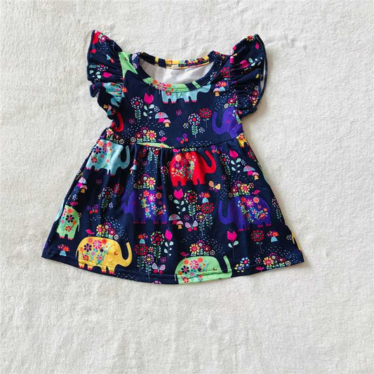 RTS SALES NO MOQ G3-23-2 Red, yellow and blue elephant flower sleeve dress