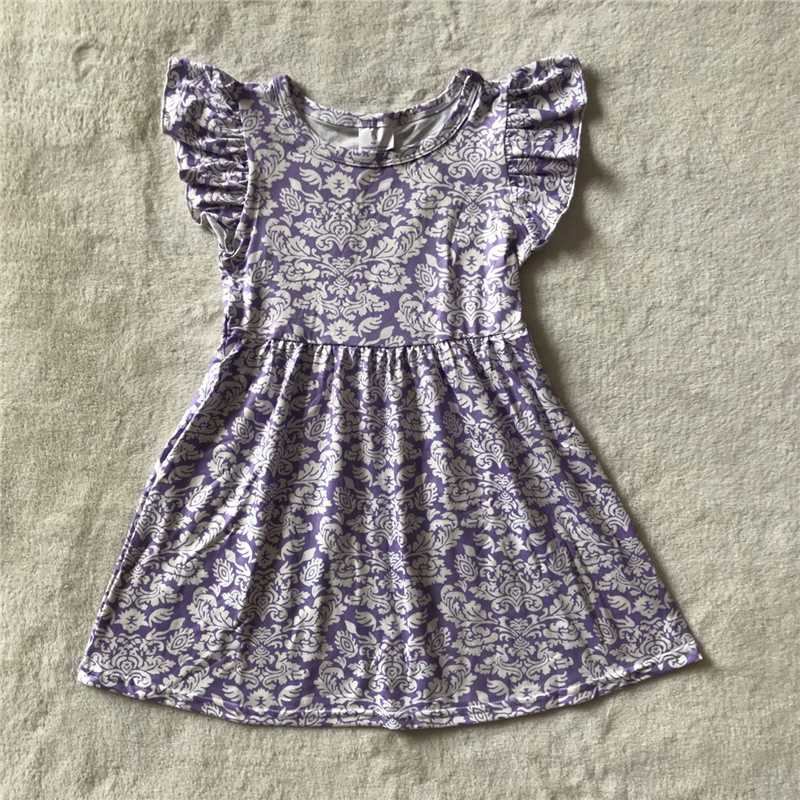 RTS SALES NO MOQ G3-23-1; White floral pattern purple flying sleeves dress