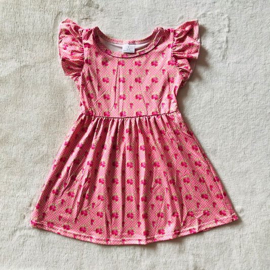 RTS SALES NO MOQ G3-23-1] Three rose red flowers polka dot leather pink flying sleeve dress