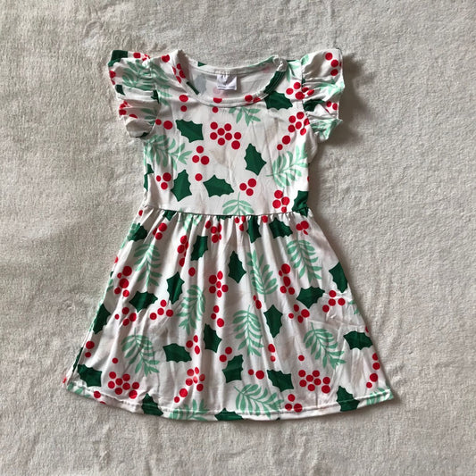 RTS SALES NO MOQ G3-23-1;. Red polka dots + green leaf flying sleeves dress