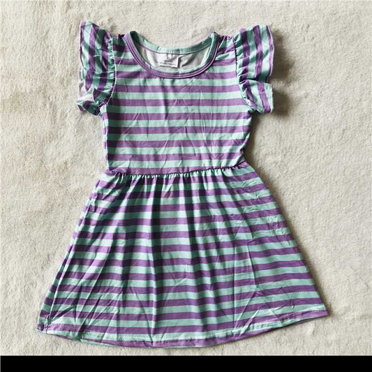 RTS SALES NO MOQ G4-3-6. Purple blue striped flying sleeves dress