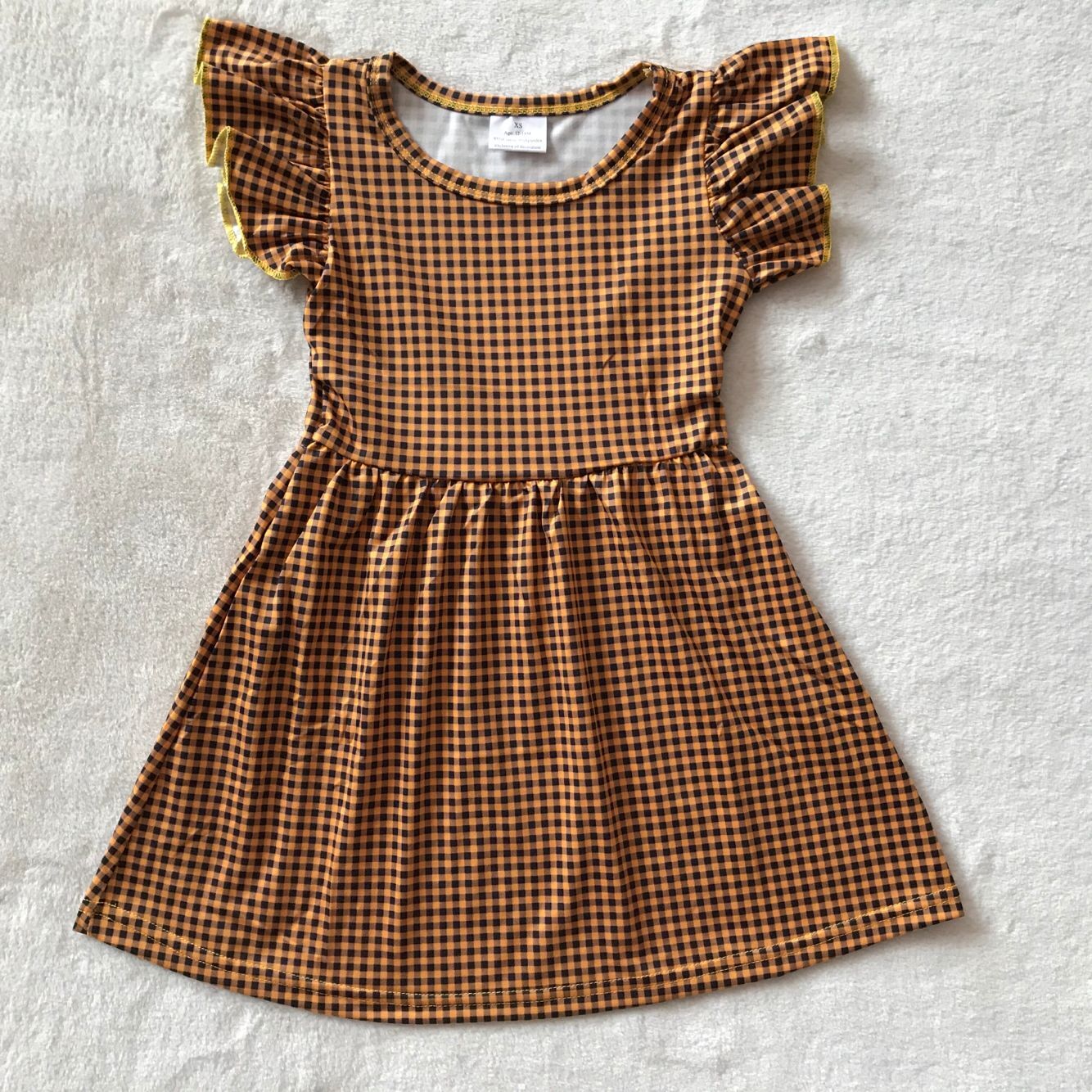 RTS SALES NO MOQ G3-23-2[. Yellow, brown and black small plaid flying sleeves skirt