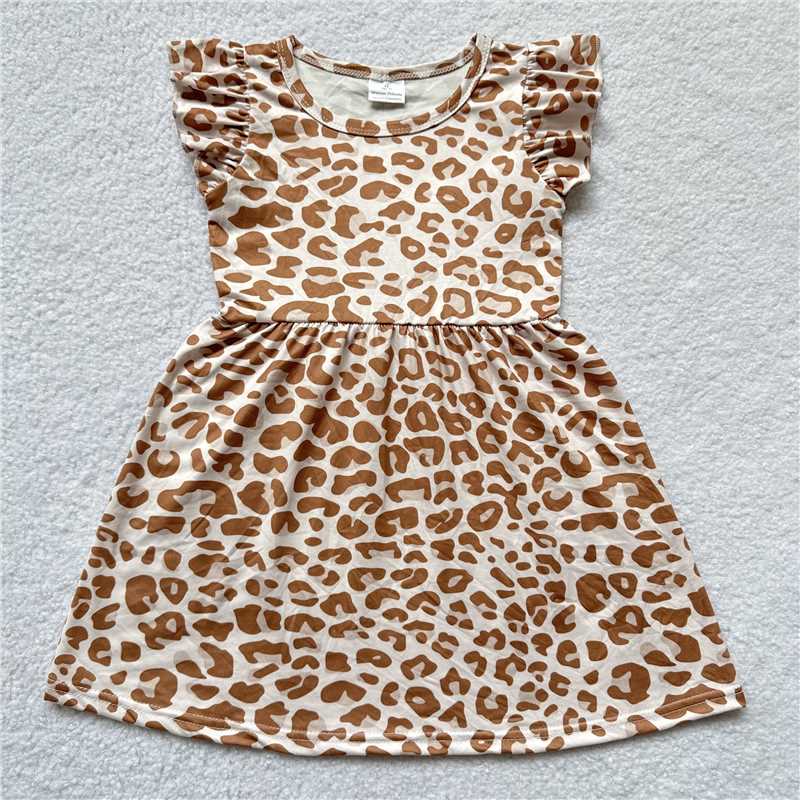 RTS SALES NO MOQ G3-19-7;; Brown and pink leopard print flying sleeve dress