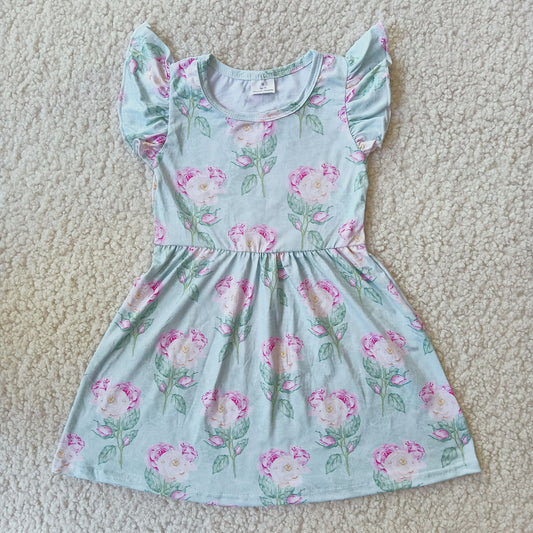 RTS SALES NO MOQ G2-11-9/* Rose pink flower light blue flying sleeves dress