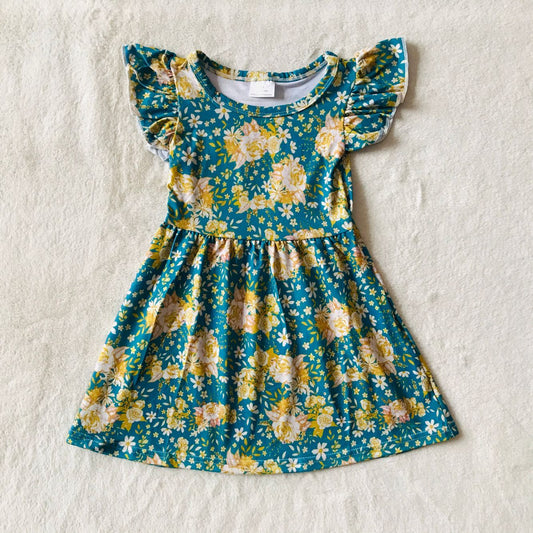 RTS SALES NO MOQ G4-3-2'. Golden flower blue flying sleeves dress