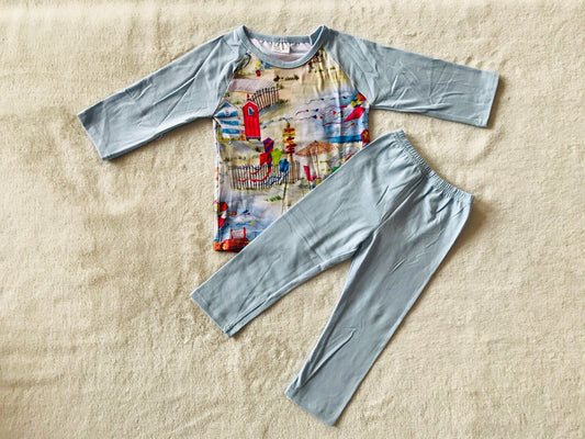 RTS SALES NO MOQ  G2-20-1-... Watercolor house light blue straight long-sleeved suit