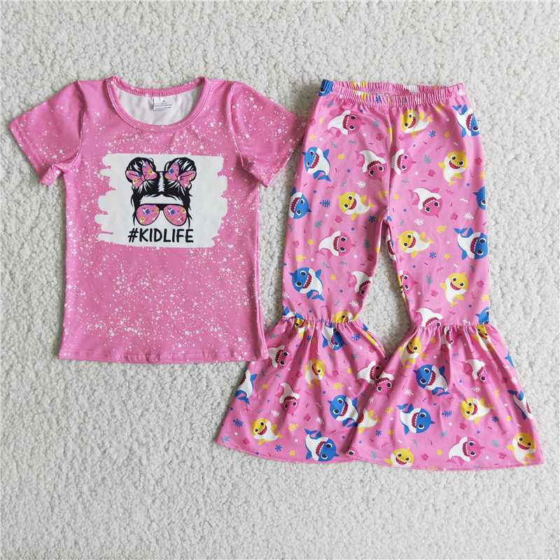 rts no moq E2-14 KIDLIFE Glasses Girls Short Sleeve Top Shark Flared Pants Set