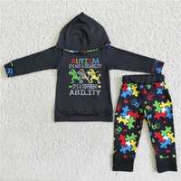RTS NO MOQ 6 B11-5 E3-20  D3-11 Colorful puzzle pieces black hooded long-sleeved suit & short-sleeved dress & short-sleeved T-shirt