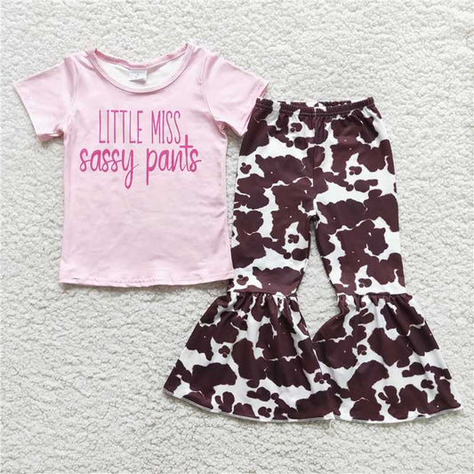 rts no moq D10-1 Pink Alphabet Short Sleeve Cow Flared Pants