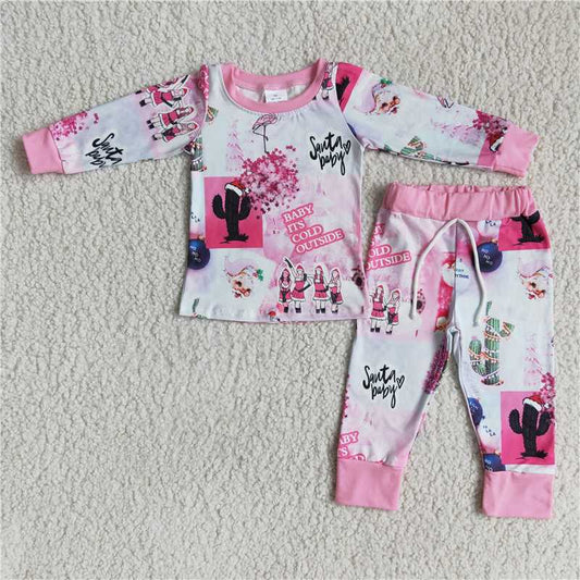 6 A17-4 Santababy Santa Hat Pink Long Sleeve Pants Pajama Set