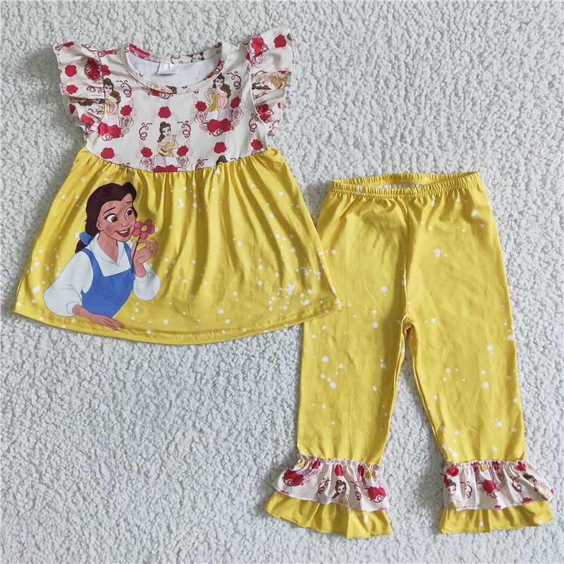 RTS NO MOQ GSPO0057 Disney Princess Belle yellow flying sleeve trousers set