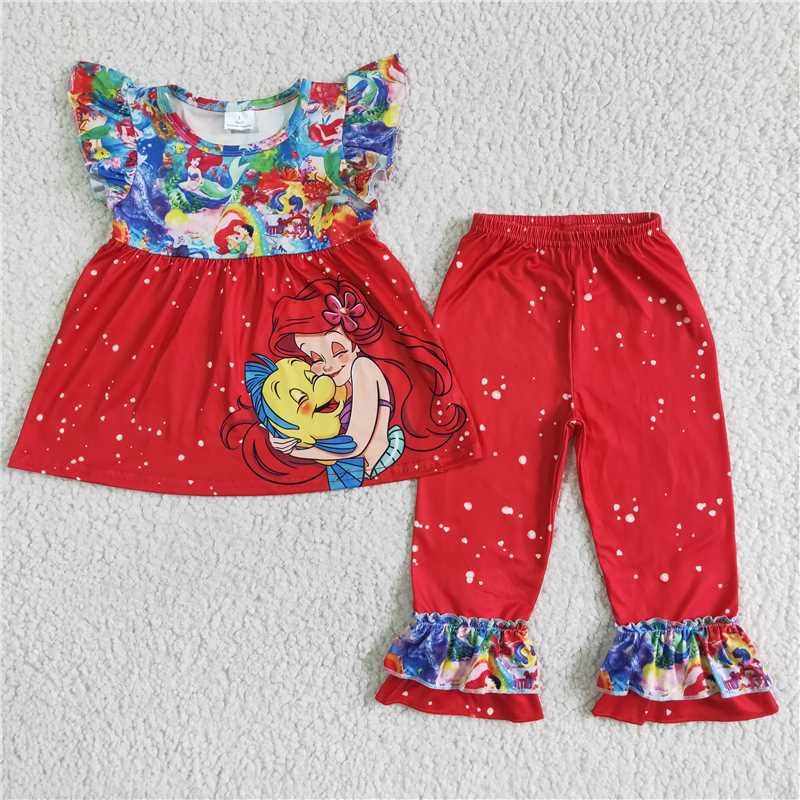 RTS NO MOQ GSPO0058 GSPO0057 GSPO0034 Cartoon Princess Pattern Fly Sleeve Top & Double Ruffle Hem Trousers Set