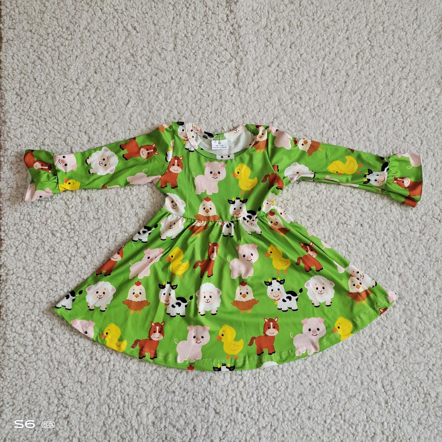 RTS NO MOQ SALES  G2-20-9*..; Green long-sleeved dress with colorful animals