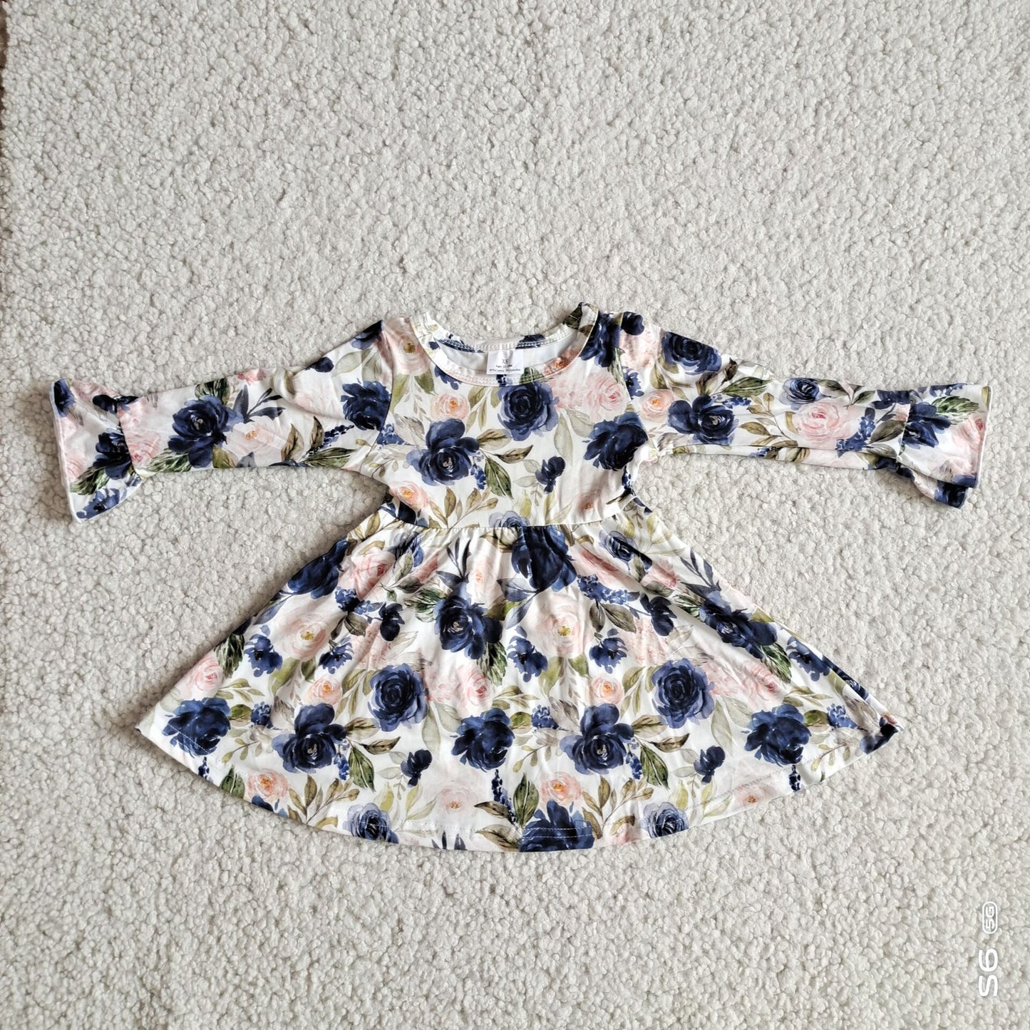 RTS NO MOQ SALES  G2-24-4;; Blue and white rose leaf long-sleeved dress