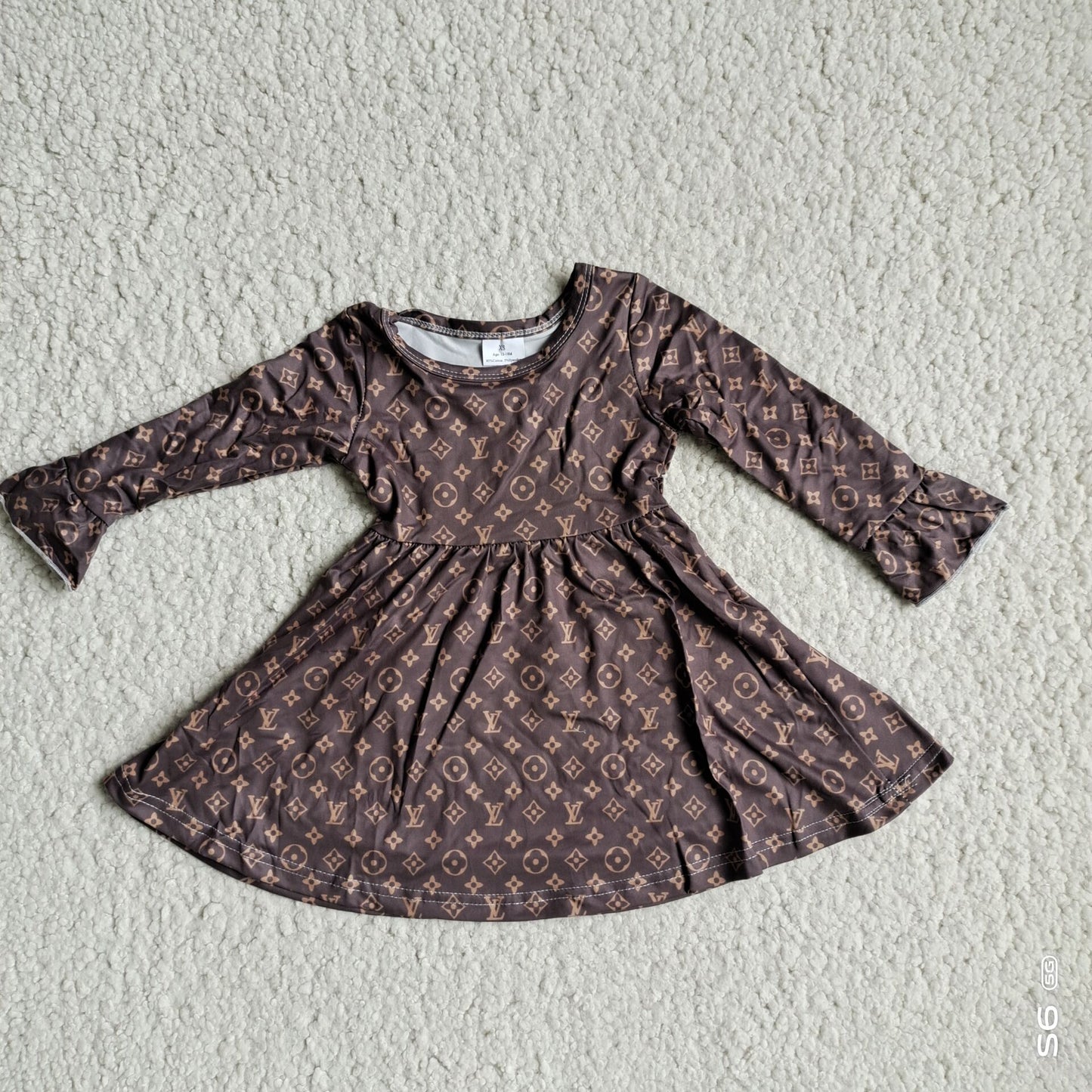 RTS NO MOQ SALES  G2-24-4;'' Dark grey brown long-sleeved dress with floral pattern