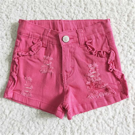 SS0013 Girls Denim Rose Red Hole Shorts