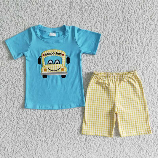 BSSO0055 Boys Blue Embroidered Car Short Sleeve Yellow Shorts Set