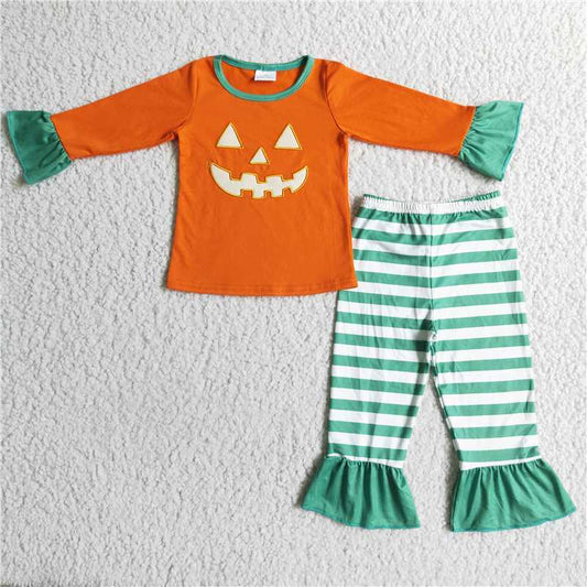 RTS NO MOQ GLP0020GLP0020 Girls autumn embroidery pumpkin long sleeve lace stripe long