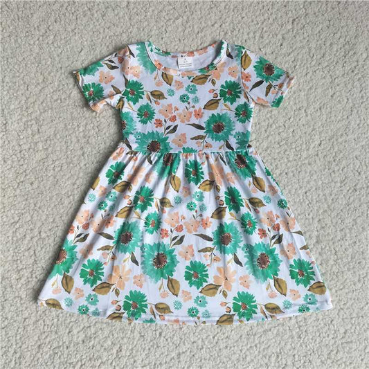 G4-25; Light orange green floral brown leaf short-sleeved dress