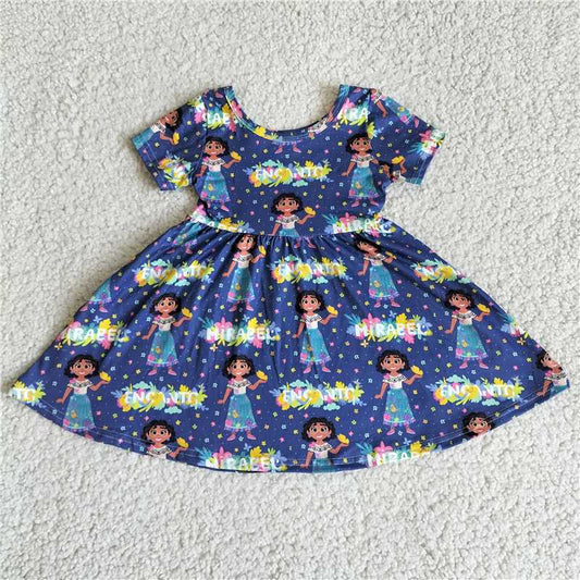 G4-25-4[ Girls' yellow and pink flower dark blue short-sleeved dress