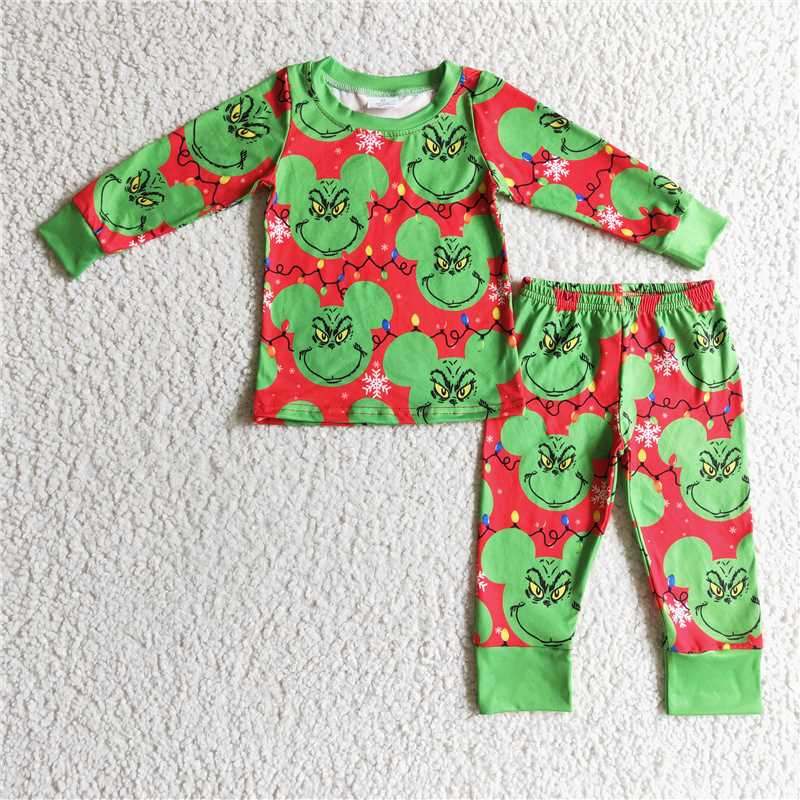 RTS NO MOQ Baby kids red and green Christmas green furry monster print long sleeve long pants pajama set