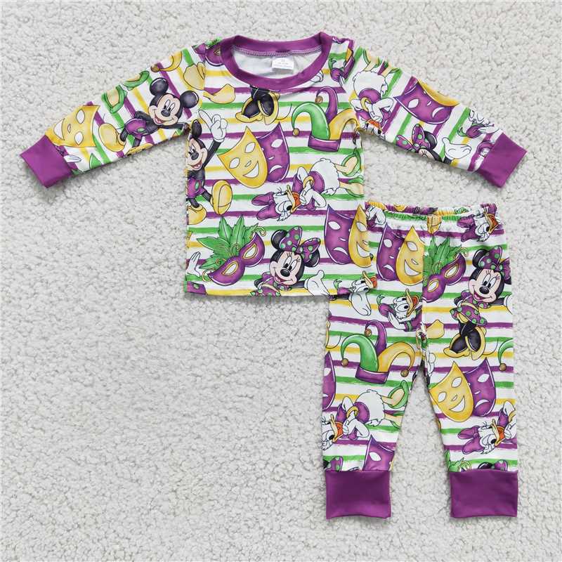 RTS NO MOQ BLP0139+GLP0344 Baby Girls and Boys Clown-Mask Purple Striped Long Sleeve Pants Set