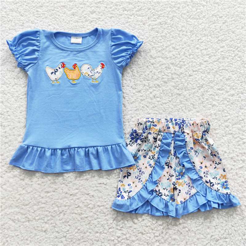 RTSEmbroidery BSSO0201  Boys Blue Short GSSO0211、SR0285 Sleeve Plaid Shorts Set with Embroidered Rooster