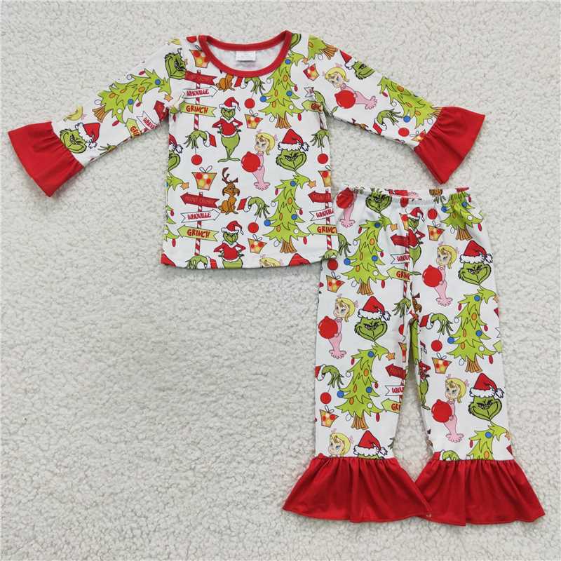 RTS NO MOQ Cartoon Green Monster-Christmas Tree Pattern Red Long Sleeve Suit & Climbing Suit & Long Sleeve Dress