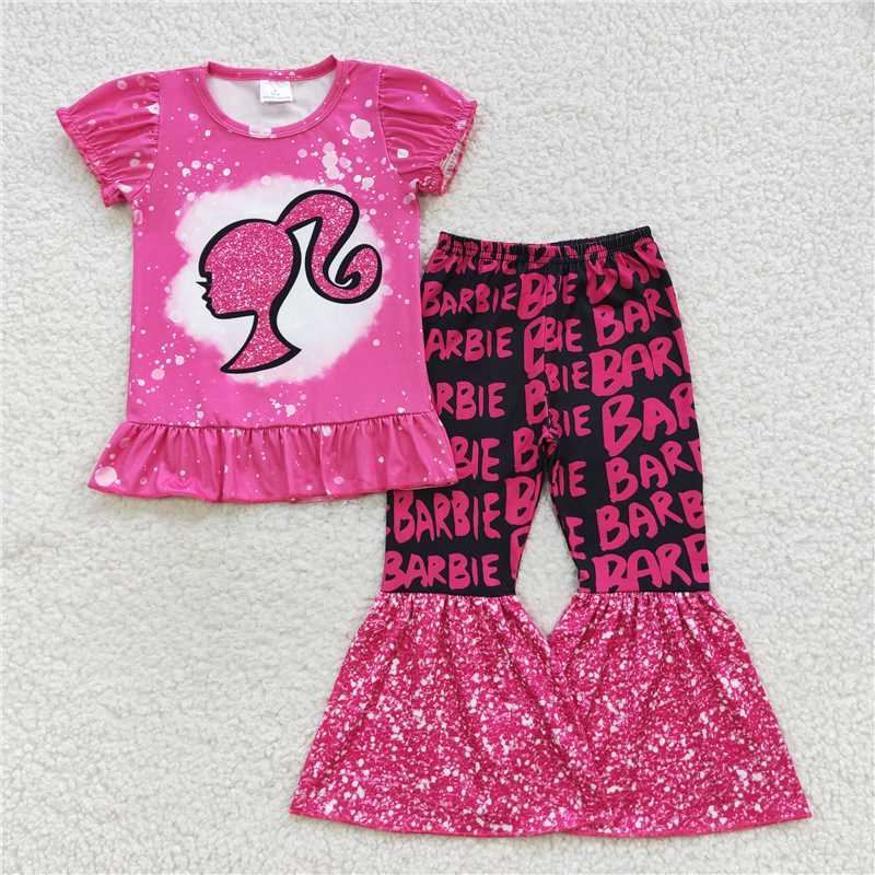 RTS NO MOQ Baby Girl Cartoon Barbie Short Sleeve Top Pants Set