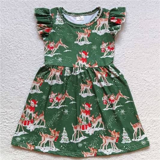G4-8./; Christmas tree deer dark green flying sleeve dress