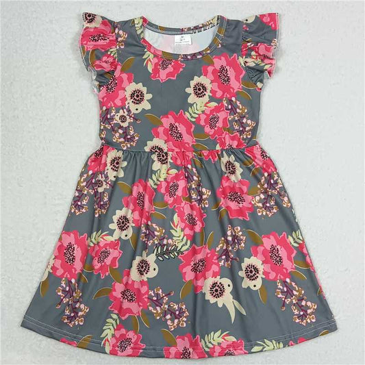 G4-4-3 Pink and yellow floral grey flying sleeves dress