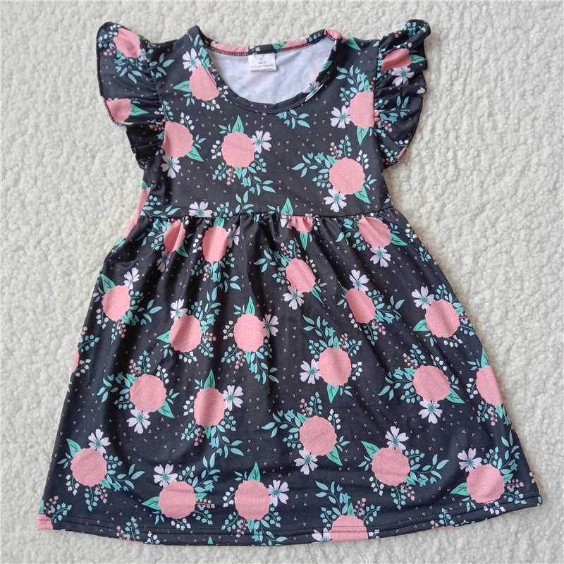 RTS SALES NO MOQ G2-15-9].. Pink and white flower black flying sleeves dress