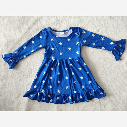 RTS NO MOQ SALES  G2-20-5; White five-pointed star dark blue lace long-sleeved dress