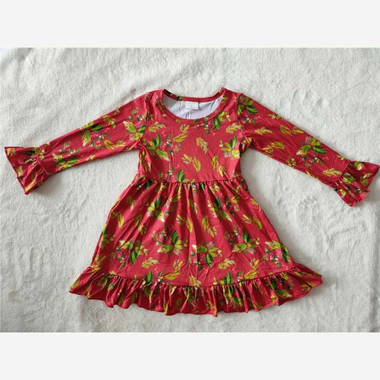 RTS NO MOQ SALES  G2-24-3; Green leaves and red long-sleeved dress