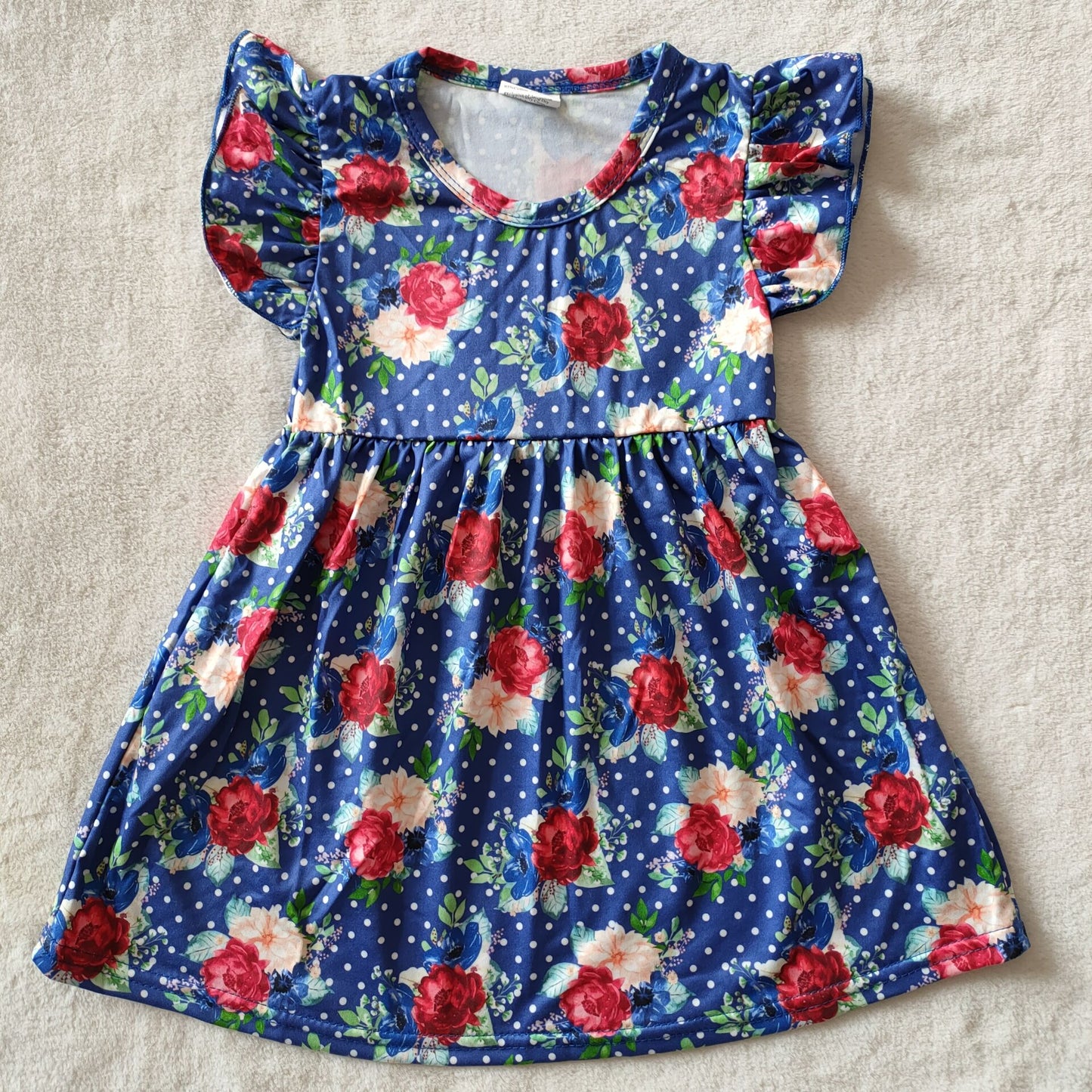 RTS SALES NO MOQ G3-19-5[* Red flower with white dots and dark blue flying sleeves dress