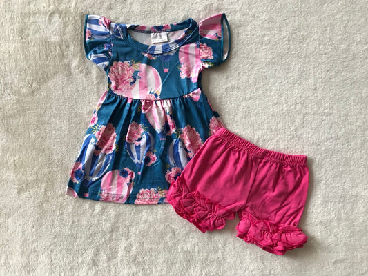 RTS SALES NO MOQ G3-19-7*** Rose pink hot air balloon flower navy blue flying sleeves rose red shorts