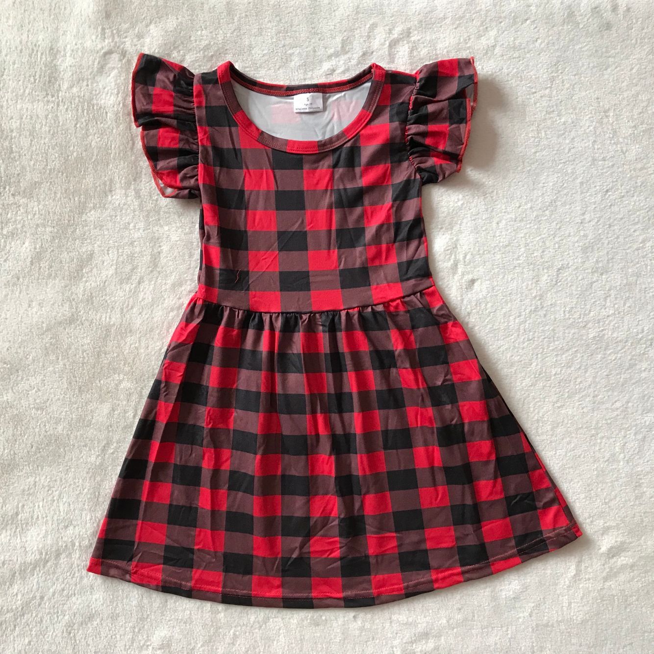 RTS SALES NO MOQ G3-23-2*. Red, brown and black rectangular plaid flying sleeves skirt