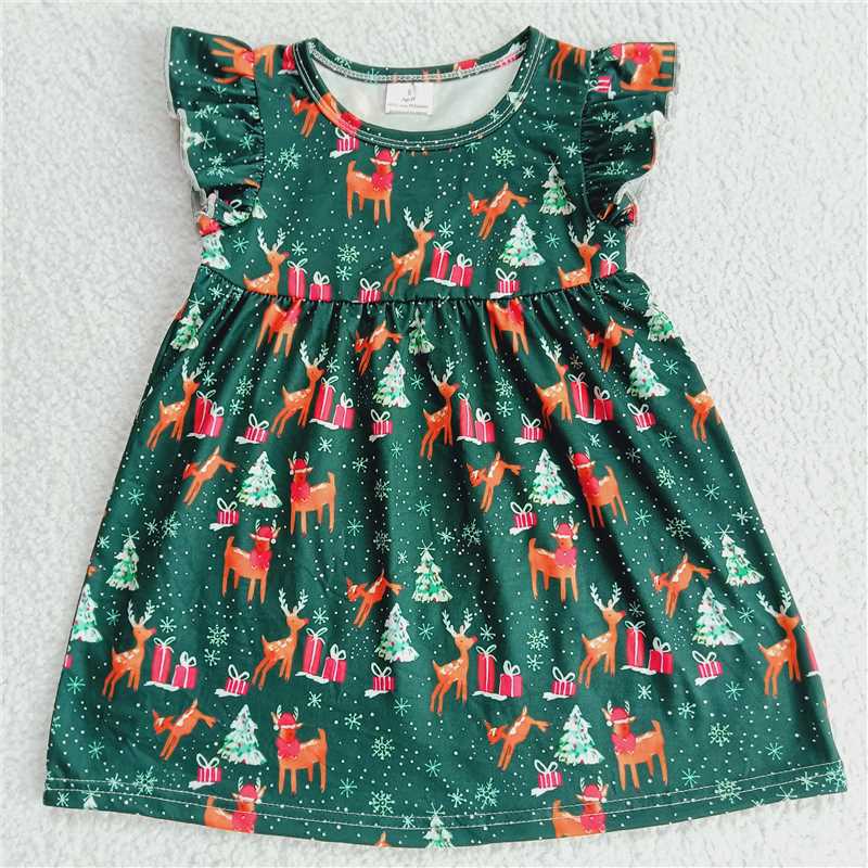 RTS SALES NO MOQ G1-2-6;’ Christmas elk dark green flying sleeve dress