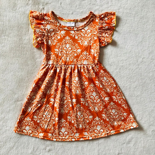 RTS SALES NO MOQ G3-23-2... White floral pattern diamond orange flying sleeves dress