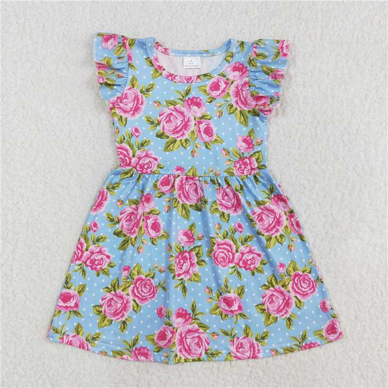 RTS SALES NO MOQ G6-19-7.,, Pink flower and white dots blue flying sleeves dress