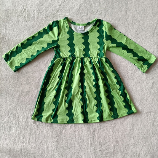 RTS NO MOQ SALES  G3-16-6】.. Green watermelon striped long-sleeved dress