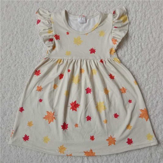 RTS SALES NO MOQ G2-11-7;''. Red and yellow maple leaf beige flying sleeve dress