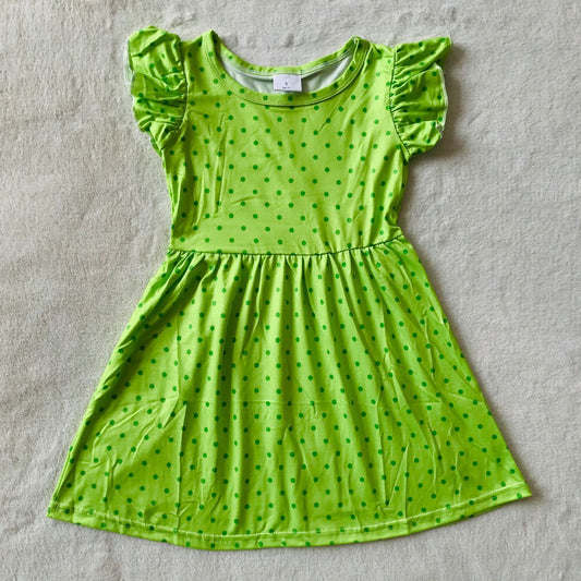 RTS SALES NO MOQ G2-15. Grass green polka dot fruit green flying sleeves dress