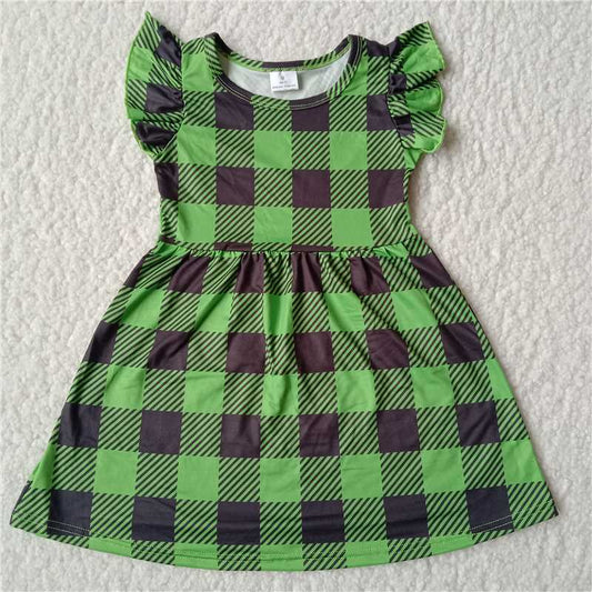 RTS SALES NO MOQ G2-7-5;; Black and green plaid flying sleeves skirt