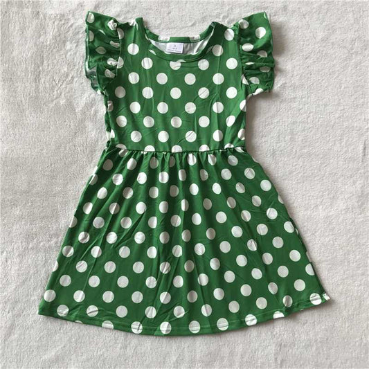 RTS SALES NO MOQ G2-15[* White polka dot grass green flying sleeves dress