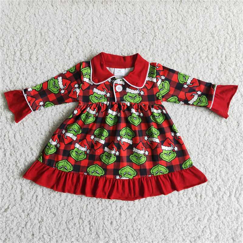 6 A1-28 Christmas Green Monster Red Lace Check Long Sleeve Dress