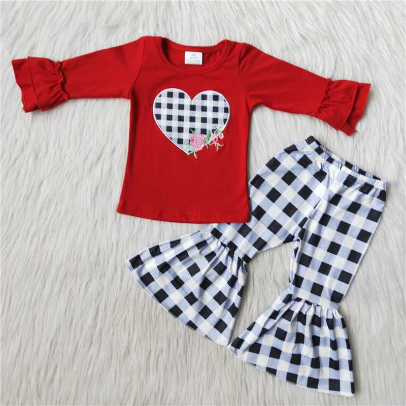 6 B11-36 Valentine's Day embroidered plaid heart long-sleeved flared pants